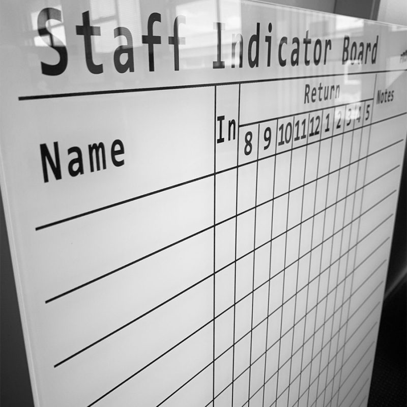 Printed etched glassboards staff indicator glassboard close up