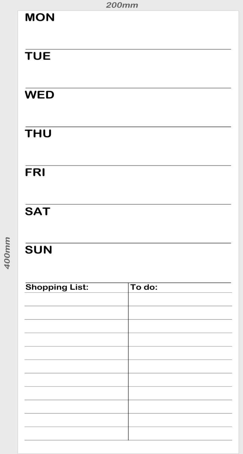 Menu/Week Planner & Shopping List Magnet (200x400mm)