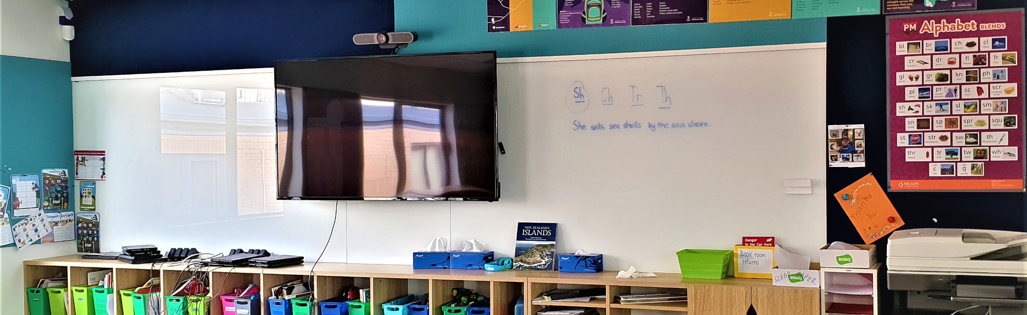 Glass whiteboard in classroom with screen in front